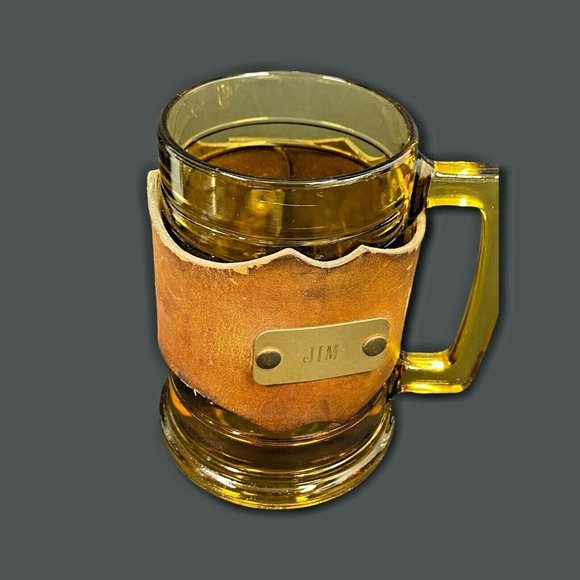 Vintage Amber Glass Mug Leather Snap Cover Wrap J - Picture 10 of 10